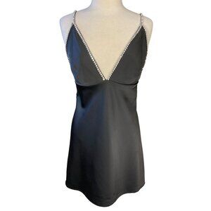 House of Harlow 1960 Black Satin Mini Dress Plunge-V Rhinestone Straps Sz 8 NWT